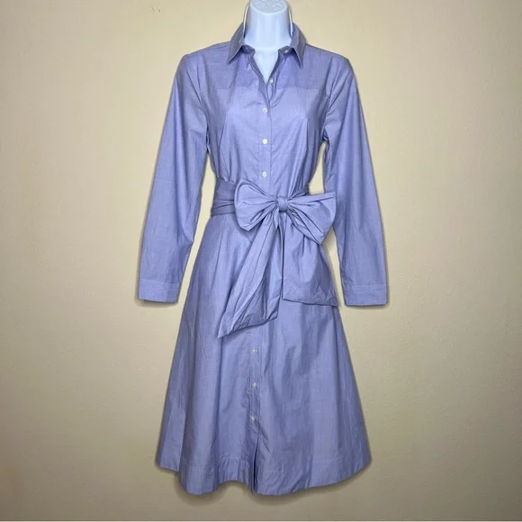 J CREW Blue Tie-Waist Shirtdress in End-On-End Cotton - J5419 - Sz 0 - Picture 4 of 13